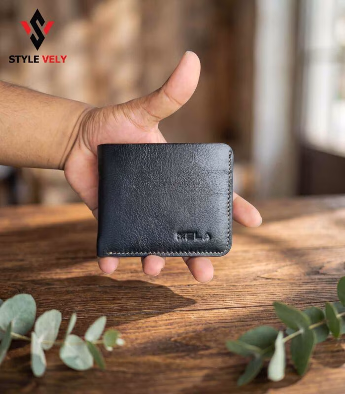 Black leather bifold wallet front view