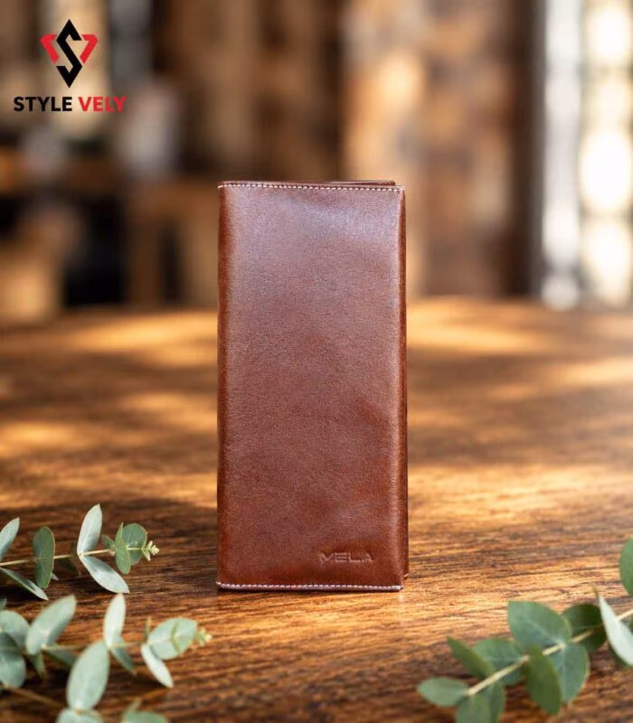 Heritage brown leather long wallet front view