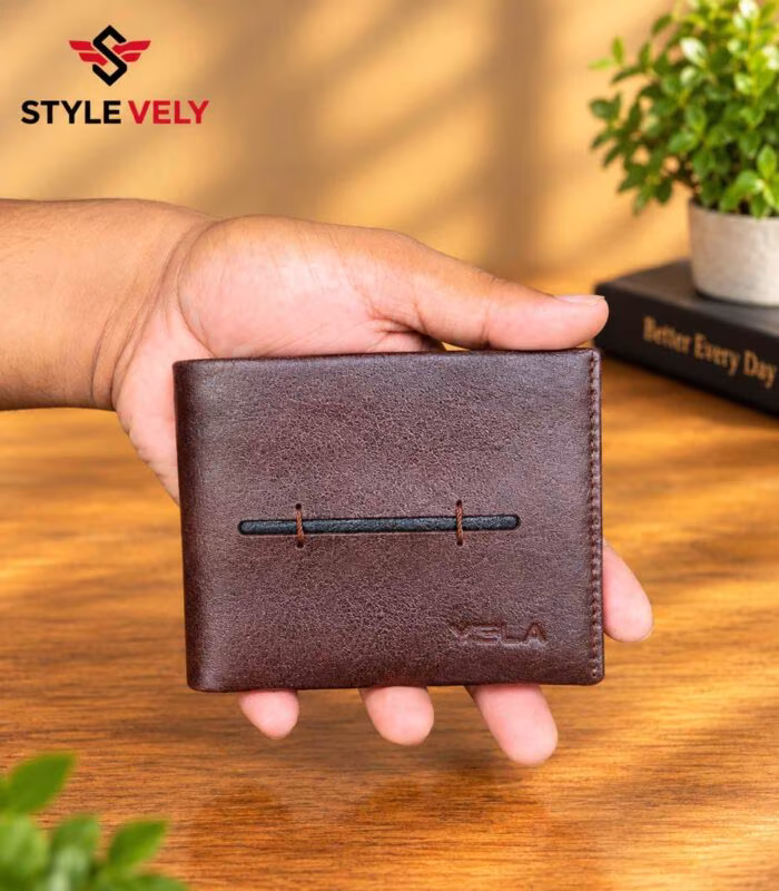 Brown leather bifold wallet front view